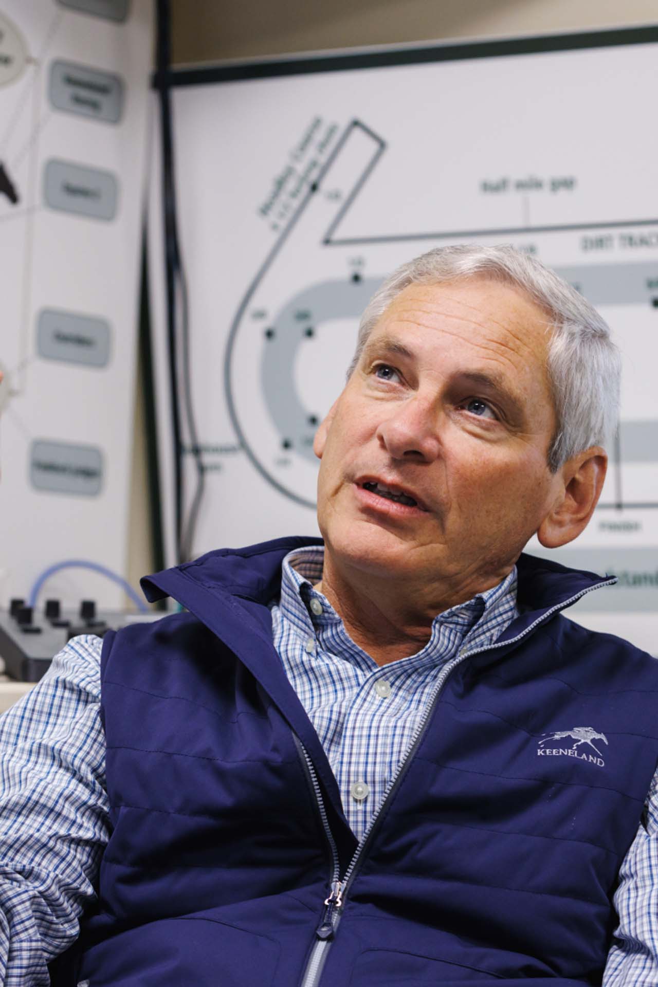 An up-close photo of Dr. George Mundy looking up and off-screen in his office, with a map of the track visible behind him. He is an older White man with short silver hair. He is wearing a navy Fasthorsepro-brand vest over a white and blue checkered shirt.
